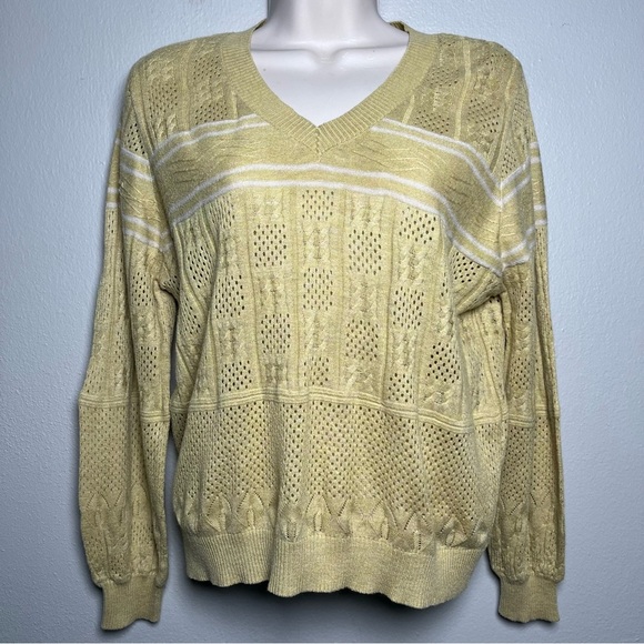 VTG Women Sweater Medium Yellow Cable Knit V-Neck Tennis Prep Sporty Lightweight - Picture 1 of 9